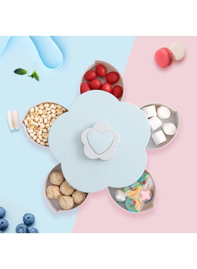 علبة تسالي دوّارة بتصميم زهرة – طبق مزدوج من 5 أقسام للمكسرات والحلوى مع حامل هاتف، منظم فواكه دوّار للمنزل والمكتب والحفلات - Image 1